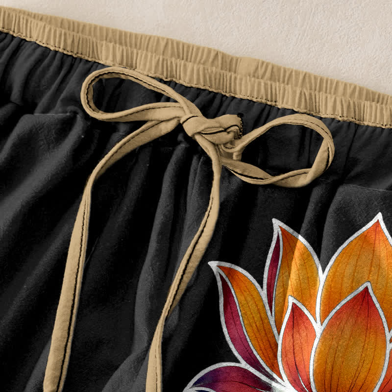 Buddha Stones Damenhose aus reiner Baumwolle mit orangefarbenem Lotusmuster, elastischem Bund und Taschen - image 1