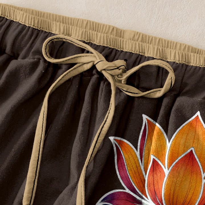 Buddha Stones Damenhose aus reiner Baumwolle mit orangefarbenem Lotusmuster, elastischem Bund und Taschen - image 5