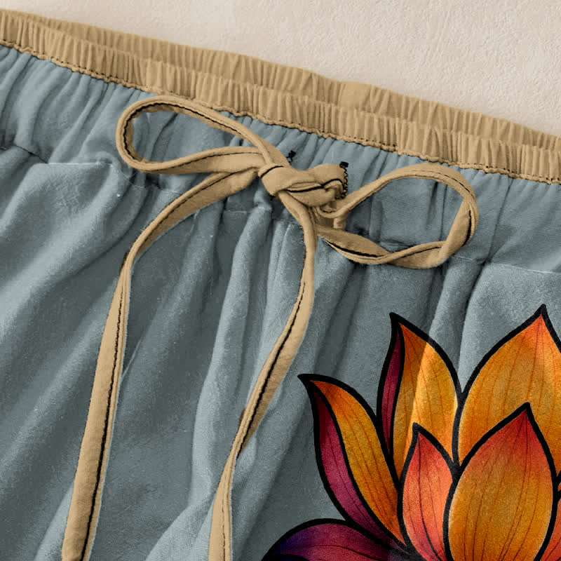 Buddha Stones Damenhose aus reiner Baumwolle mit orangefarbenem Lotusmuster, elastischem Bund und Taschen - image 9