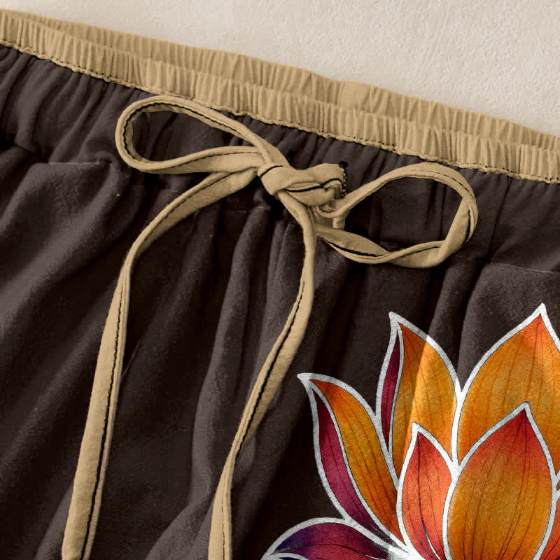 Buddha Stones Damenhose aus reiner Baumwolle mit orangefarbenem Lotusmuster, elastischem Bund und Taschen - image 5