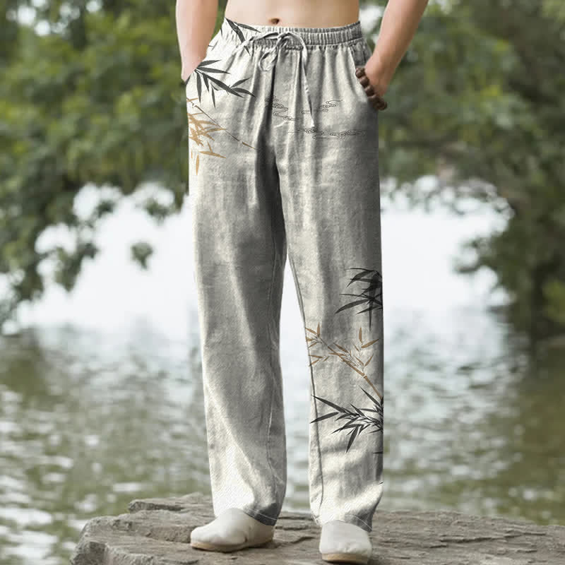 Buddha Stones Herrenhose mit schmal zulaufendem Schnitt und Taschen, bedruckt mit Baumwolltinte und Bambusmuster - Leinen - US/ UK/AU50, EU60 (5XL) - image 0