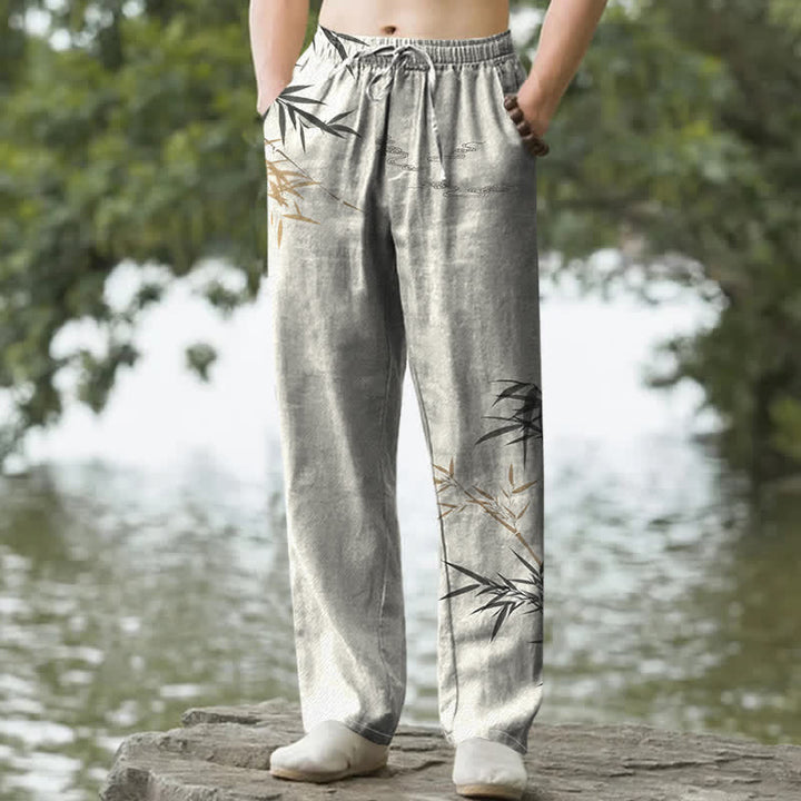Buddha Stones Herrenhose mit schmal zulaufendem Schnitt und Taschen, bedruckt mit Baumwolltinte und Bambusmuster - Leinen - US/ UK/AU50, EU60 (5XL) - image 0