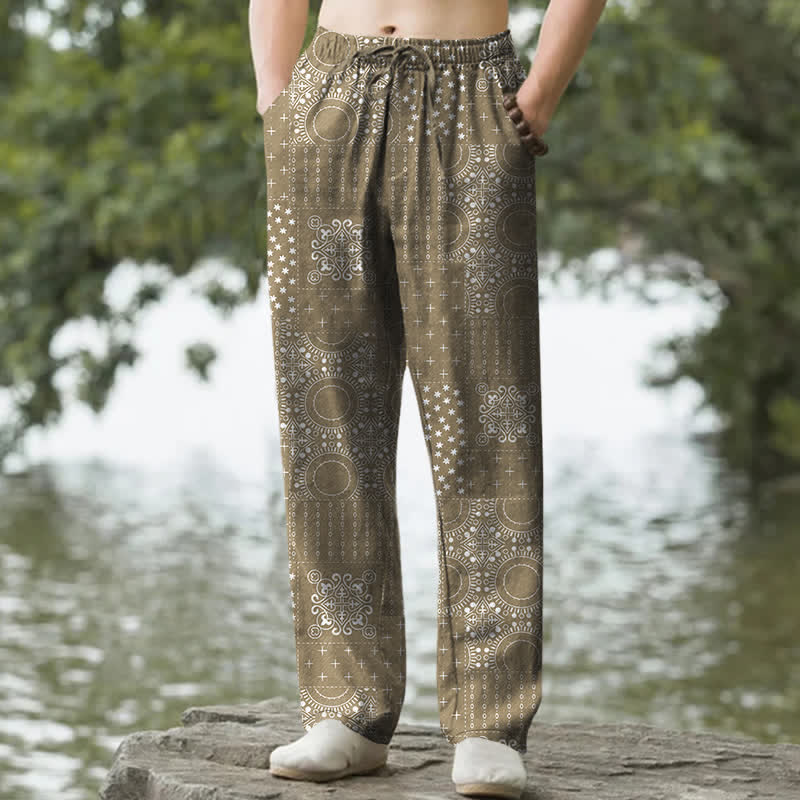 Buddha Stones Herrenhose aus Baumwolle mit böhmischem Bandana-Muster, schmal zulaufend und mit Taschen - Dunkelkhaki - US/ UK/AU50, EU60 (5XL) - image 4