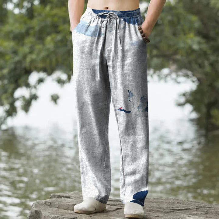 Buddha Stones Herren-Baumwollhose mit rotem Kranichmuster, schmal zulaufendem Bein und Taschen - Hellblau - US/ UK/AU50, EU60 (5XL) - image 0