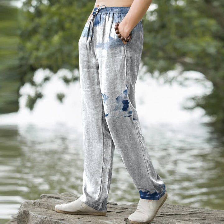 Buddha Stones Herren-Baumwollhose mit rotem Kranichmuster, schmal zulaufendem Bein und Taschen - image 1
