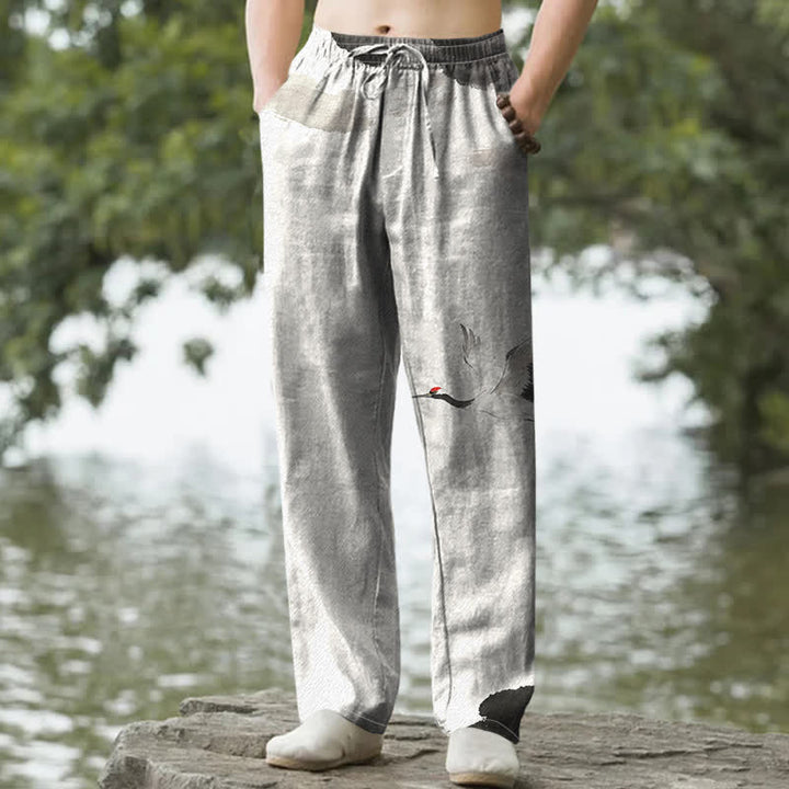 Buddha Stones Herren-Baumwollhose mit rotem Kranichmuster, schmal zulaufendem Bein und Taschen - Schwarz - US/ UK/AU50, EU60 (5XL) - image 6
