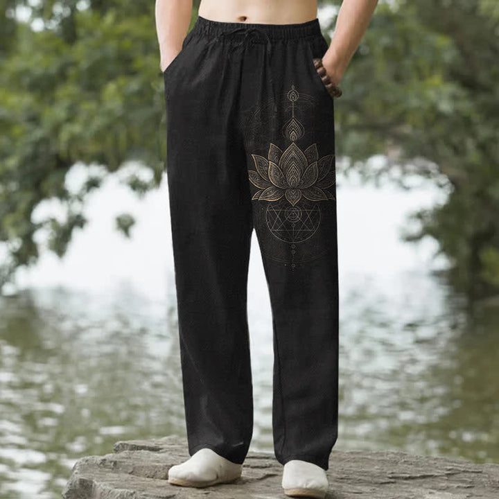 Buddha Stones Herrenhose aus Baumwolle mit Lotus-Mandala-Muster, schmal zulaufend und mit Taschen - Schwarz - US/ UK/AU50, EU60 (5XL) - image 0