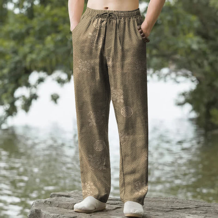 Buddha Stones Herrenhose aus Baumwolle mit geometrischem Ethno-Muster, schmal zulaufend und mit Taschen - Dunkelkhaki - US/ UK/AU50, EU60 (5XL) - image 0