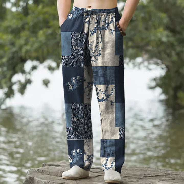 Buddha Stones Herrenhose mit schmal zulaufendem Bein und Taschen, Baumwoll-Patchworkmuster mit Wellen- und Blumenmuster - Marine - US/ UK/AU50, EU60 (5XL) - image 0