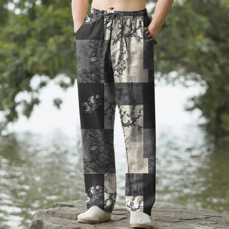 Buddha Stones Herrenhose mit schmal zulaufendem Bein und Taschen, Baumwoll-Patchworkmuster mit Wellen- und Blumenmuster - Schwarz - US/ UK/AU50, EU60 (5XL) - image 4