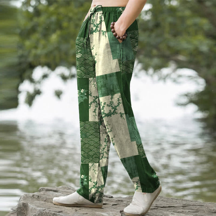 Buddha Stones Herrenhose mit schmal zulaufendem Bein und Taschen, Baumwoll-Patchworkmuster mit Wellen- und Blumenmuster - image 7