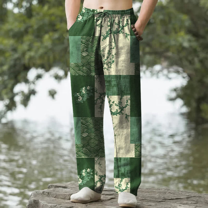 Buddha Stones Herrenhose mit schmal zulaufendem Bein und Taschen, Baumwoll-Patchworkmuster mit Wellen- und Blumenmuster - Waldgrün - US/ UK/AU50, EU60 (5XL) - image 6