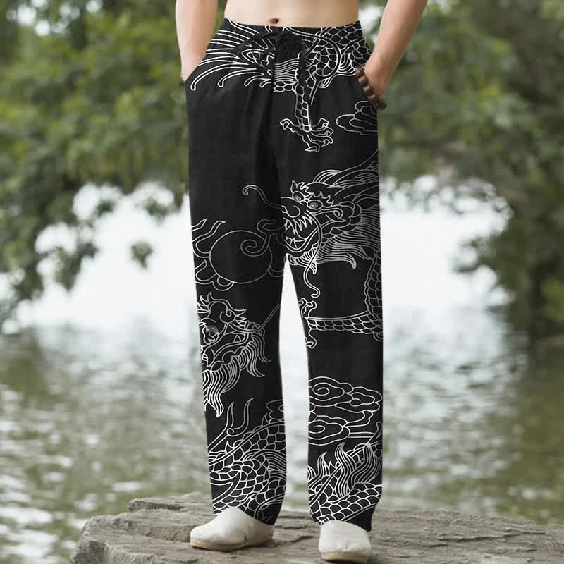Buddha Stones Herrenhose aus Baumwolle mit orientalischem Drachen- und Wolkenmuster, schmal zulaufend und mit Taschen - Schwarz - US/ UK/AU50, EU60 (5XL) - image 0