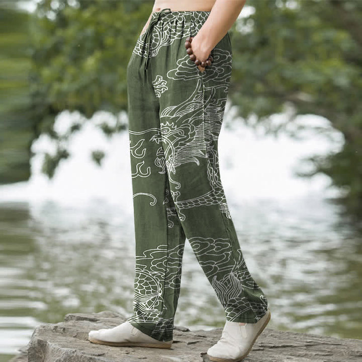 Buddha Stones Herrenhose aus Baumwolle mit orientalischem Drachen- und Wolkenmuster, schmal zulaufend und mit Taschen - image 5
