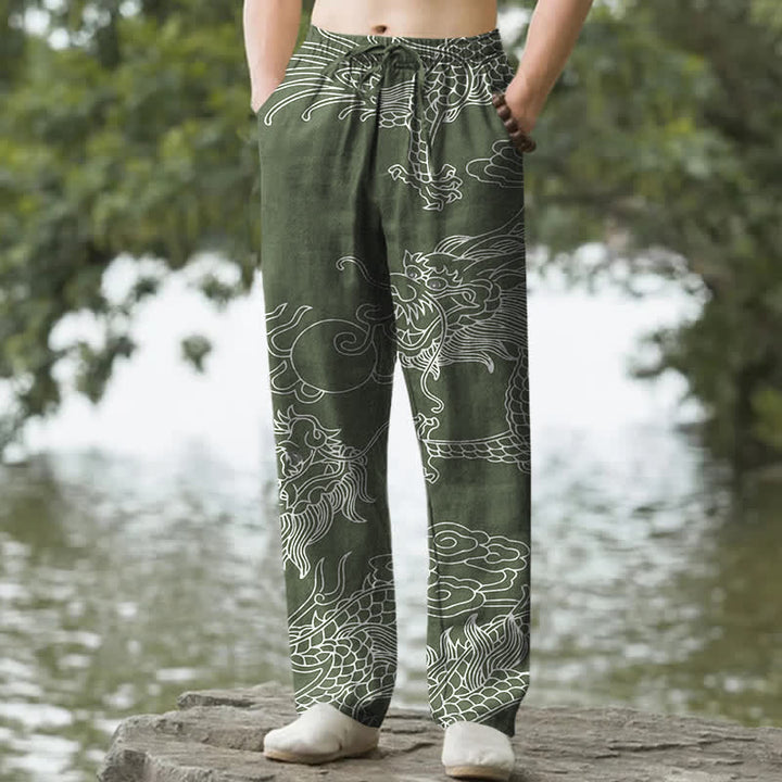 Buddha Stones Herrenhose aus Baumwolle mit orientalischem Drachen- und Wolkenmuster, schmal zulaufend und mit Taschen - Dunkelseegrün - US/ UK/AU50, EU60 (5XL) - image 4