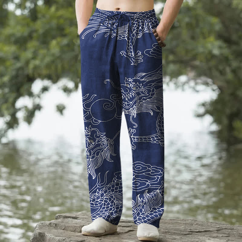 Buddha Stones Herrenhose aus Baumwolle mit orientalischem Drachen- und Wolkenmuster, schmal zulaufend und mit Taschen - Marine - US/ UK/AU50, EU60 (5XL) - image 6
