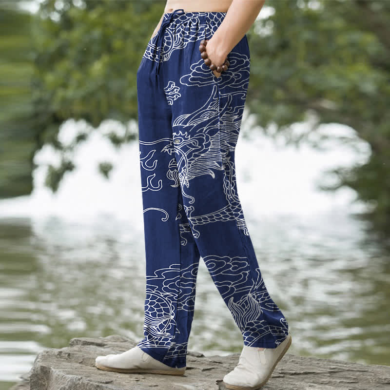 Buddha Stones Herrenhose aus Baumwolle mit orientalischem Drachen- und Wolkenmuster, schmal zulaufend und mit Taschen - image 7