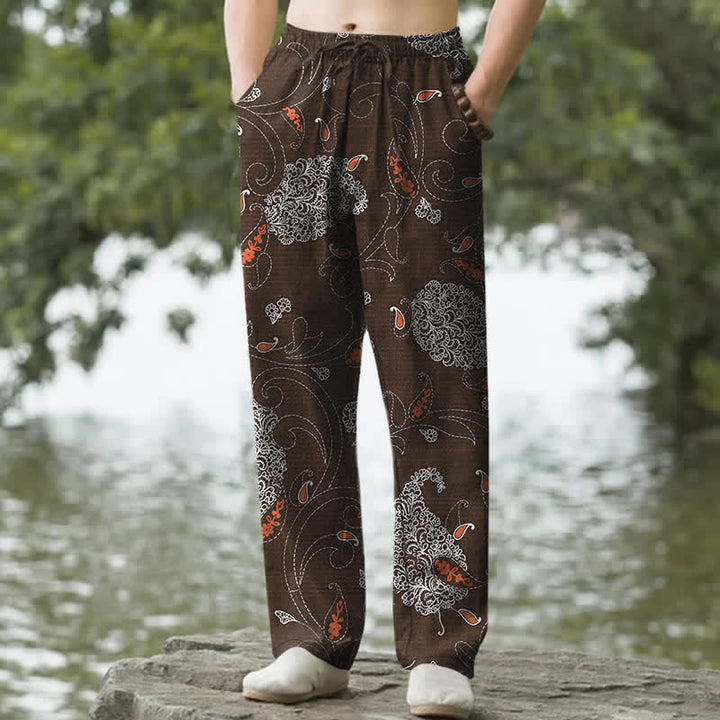 Buddha Stones Herrenhose aus Baumwolle mit böhmischem Blumenrankenmuster, schmal zulaufend und mit Taschen - Sattelbraun - US/ UK/AU50, EU60 (5XL) - image 0