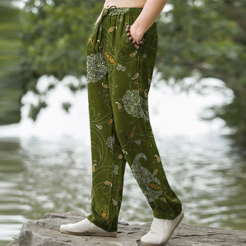 Buddha Stones Herrenhose aus Baumwolle mit böhmischem Blumenrankenmuster, schmal zulaufend und mit Taschen - image 5