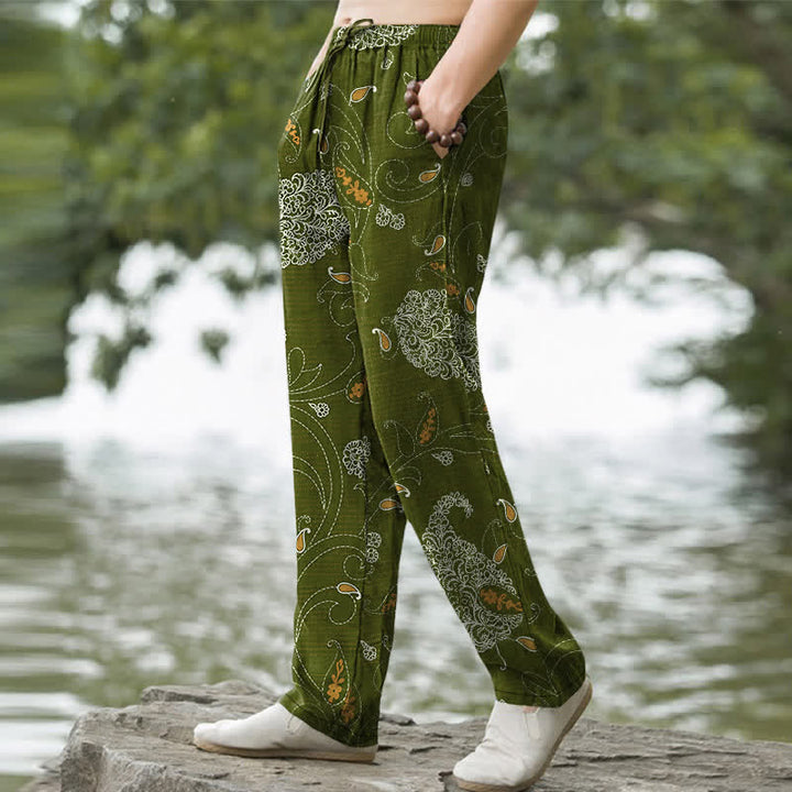 Buddha Stones Herrenhose aus Baumwolle mit böhmischem Blumenrankenmuster, schmal zulaufend und mit Taschen - image 5