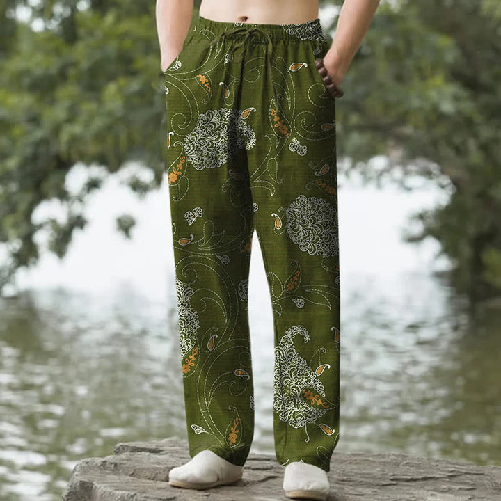 Buddha Stones Herrenhose aus Baumwolle mit böhmischem Blumenrankenmuster, schmal zulaufend und mit Taschen - Dunkelolivgrün - US/ UK/AU50, EU60 (5XL) - image 4