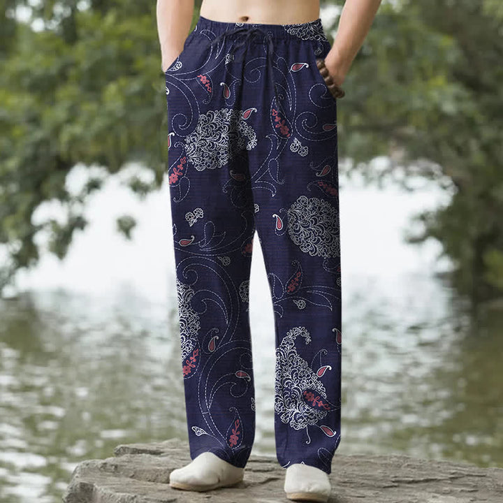 Buddha Stones Herrenhose aus Baumwolle mit böhmischem Blumenrankenmuster, schmal zulaufend und mit Taschen - Marine - US/ UK/AU50, EU60 (5XL) - image 6
