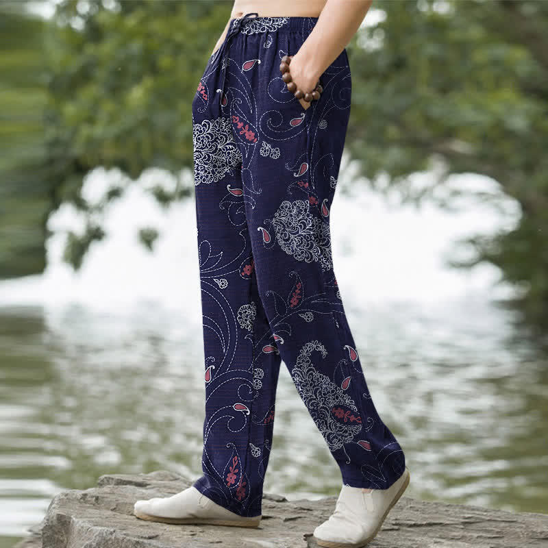 Buddha Stones Herrenhose aus Baumwolle mit böhmischem Blumenrankenmuster, schmal zulaufend und mit Taschen - image 7