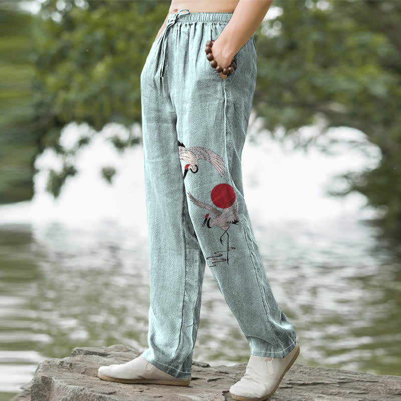 Buddha Stones Herrenhose aus Baumwolle mit rotem Sonnen-Kranich-Muster, schmal zulaufend und mit Taschen - image 7