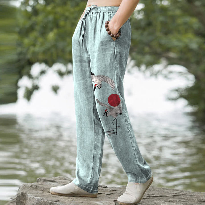 Buddha Stones Herrenhose aus Baumwolle mit rotem Sonnen-Kranich-Muster, schmal zulaufend und mit Taschen - image 7