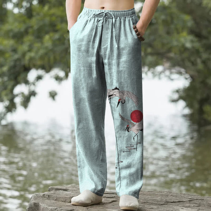 Buddha Stones Herrenhose aus Baumwolle mit rotem Sonnen-Kranich-Muster, schmal zulaufend und mit Taschen - Helltürkis - US/ UK/AU50, EU60 (5XL) - image 6