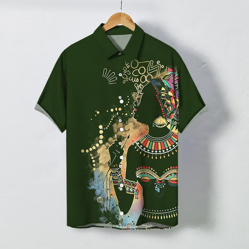 Buddha Stones Kurzarmhemd mit Tribal-Frauen-Silhouette-Muster und Knöpfen, atmungsaktiv, für Herren - Dunkelgrün - US/ UK/AU48, EU58 (4XL) - image 0