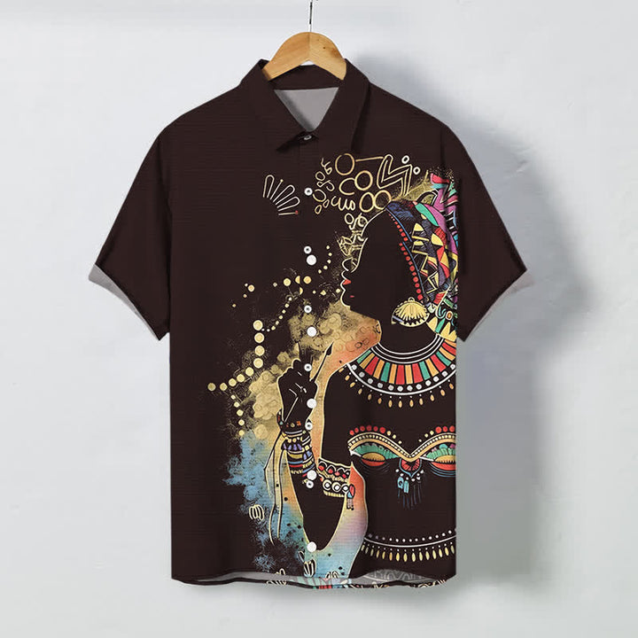 Buddha Stones Kurzarmhemd mit Tribal-Frauen-Silhouette-Muster und Knöpfen, atmungsaktiv, für Herren - Sattelbraun - US/ UK/AU48, EU58 (4XL) - image 5