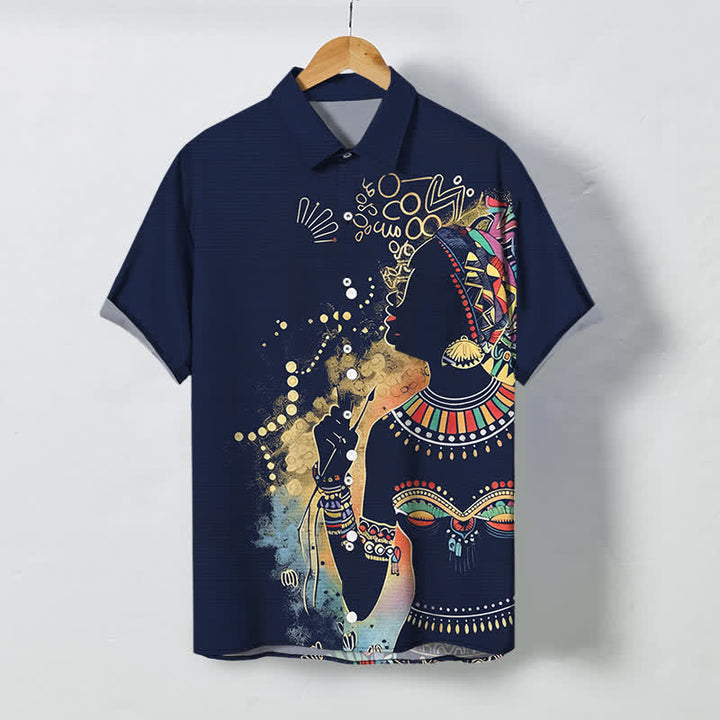 Buddha Stones Kurzarmhemd mit Tribal-Frauen-Silhouette-Muster und Knöpfen, atmungsaktiv, für Herren - Marine - US/ UK/AU48, EU58 (4XL) - image 10