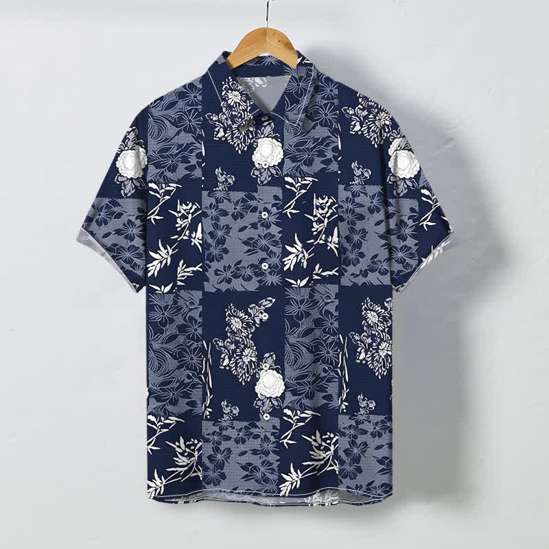 Buddha Stones Herrenhemd mit blauen Karos, Blumenmuster und Knöpfen, atmungsaktiv, Kurzarm - Marine - US/ UK/AU48, EU58 (4XL) - image 0