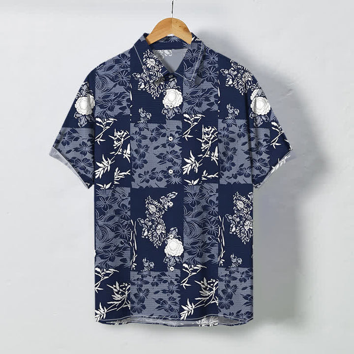 Buddha Stones Herrenhemd mit blauen Karos, Blumenmuster und Knöpfen, atmungsaktiv, Kurzarm - Marine - US/ UK/AU48, EU58 (4XL) - image 0