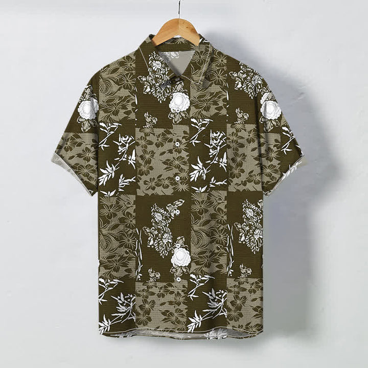 Buddha Stones Herrenhemd mit blauen Karos, Blumenmuster und Knöpfen, atmungsaktiv, Kurzarm - Sattelbraun - US/ UK/AU48, EU58 (4XL) - image 3