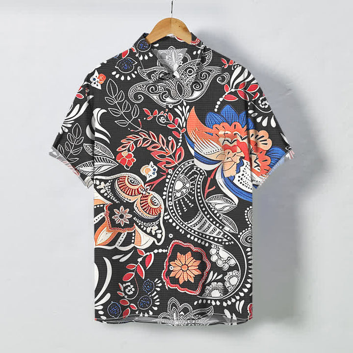 Buddha Stones Vintage-Herrenhemd mit floralem Paisley-Muster, Knöpfen und atmungsaktiven Kurzarm - Schwarz - US/ UK/AU48, EU58 (4XL) - image 0