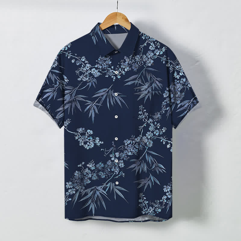 Buddha Stones Atmungsaktives Herren-Kurzarmhemd mit Bambus-Pflaumenblütenmuster und Knöpfen - Marine - US/ UK/AU48, EU58 (4XL) - image 10