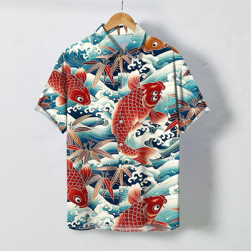 Buddha Stones Atmungsaktives Herren-Kurzarmhemd mit Koi-Wellen-Bambusmuster und Knöpfen - Türkis - US/ UK/AU48, EU58 (4XL) - image 0
