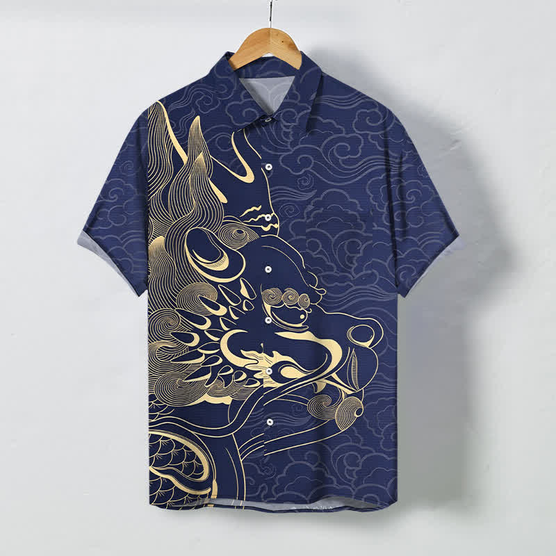 Buddha Stones Herren-Kurzarmhemd mit goldenem Drachen- und Wolkenmuster, knitterarm. - Marine - US/ UK/AU48, EU58 (4XL) - image 0