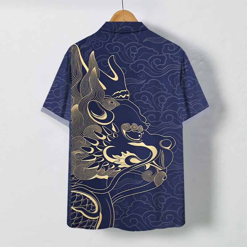 Buddha Stones Herren-Kurzarmhemd mit goldenem Drachen- und Wolkenmuster, knitterarm. - image 1