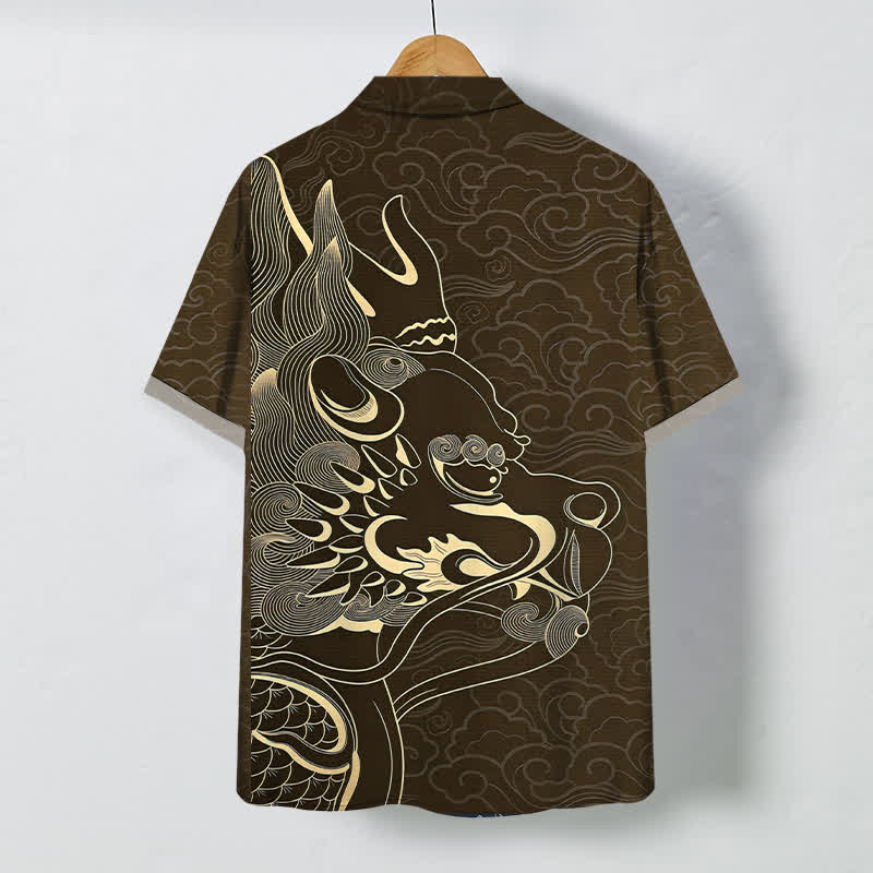 Buddha Stones Herren-Kurzarmhemd mit goldenem Drachen- und Wolkenmuster, knitterarm. - image 6