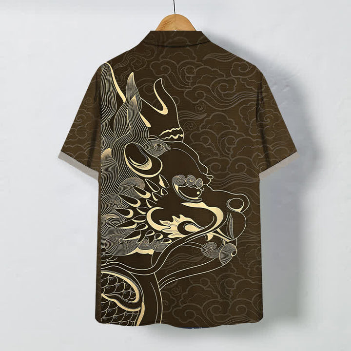 Buddha Stones Herren-Kurzarmhemd mit goldenem Drachen- und Wolkenmuster, knitterarm. - image 6
