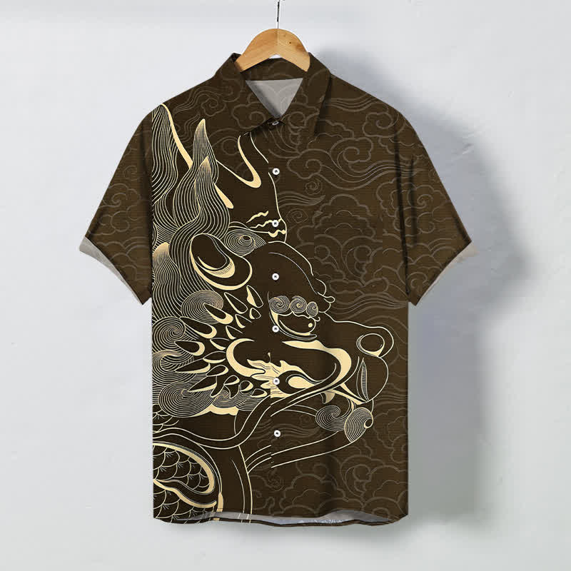 Buddha Stones Herren-Kurzarmhemd mit goldenem Drachen- und Wolkenmuster, knitterarm. - Sattelbraun - US/ UK/AU48, EU58 (4XL) - image 5
