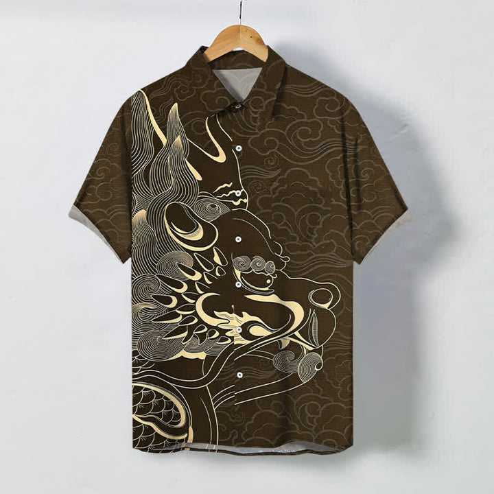 Buddha Stones Herren-Kurzarmhemd mit goldenem Drachen- und Wolkenmuster, knitterarm. - Sattelbraun - US/ UK/AU48, EU58 (4XL) - image 5