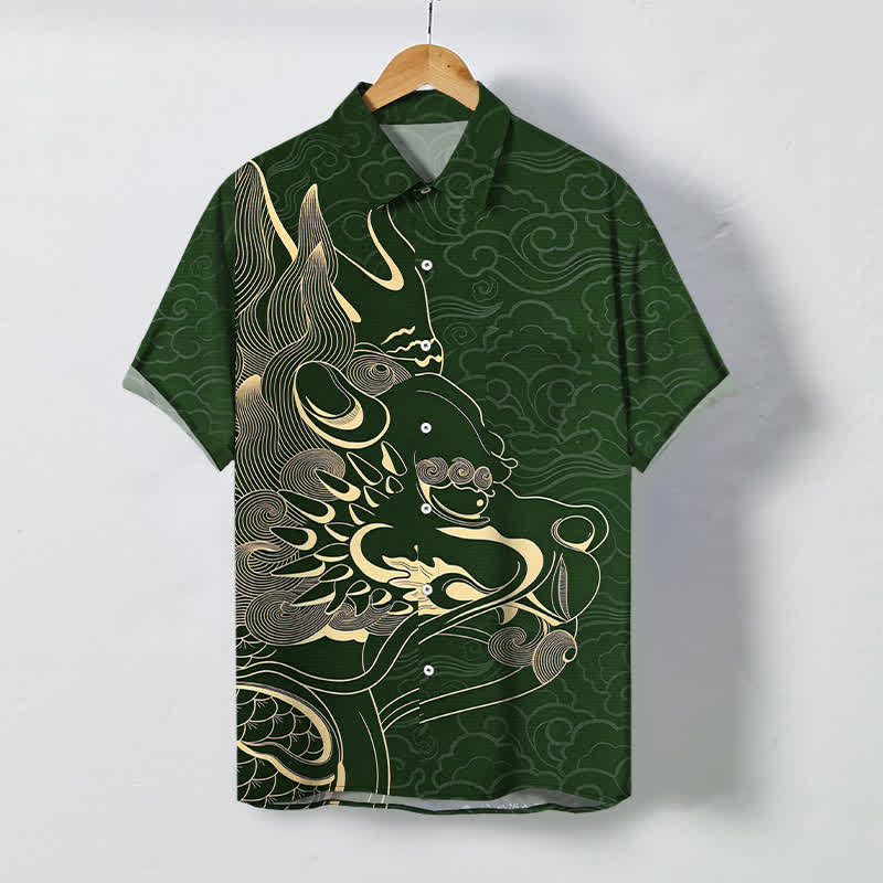 Buddha Stones Herren-Kurzarmhemd mit goldenem Drachen- und Wolkenmuster, knitterarm. - Waldgrün - US/ UK/AU48, EU58 (4XL) - image 10
