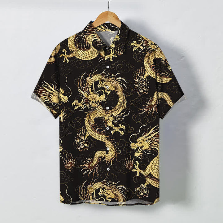 Buddha Stones Herren-Kurzarmhemd mit goldenem Drachen- und Wolkenmuster, knitterarm. - Sattelbraun - US/ UK/AU48, EU58 (4XL) - image 0