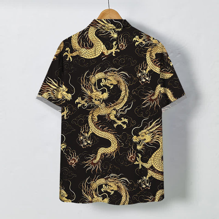 Buddha Stones Herren-Kurzarmhemd mit goldenem Drachen- und Wolkenmuster, knitterarm. - image 1