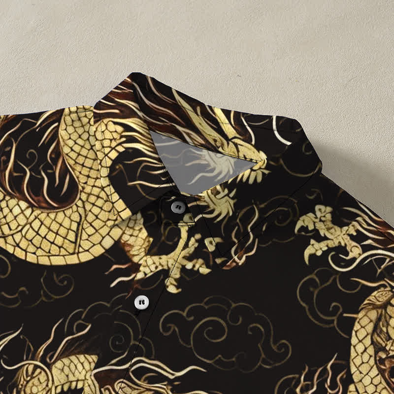 Buddha Stones Herren-Kurzarmhemd mit goldenem Drachen- und Wolkenmuster, knitterarm. - image 2