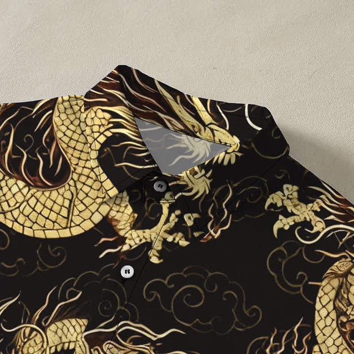 Buddha Stones Herren-Kurzarmhemd mit goldenem Drachen- und Wolkenmuster, knitterarm. - image 2